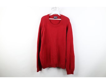90s Lands End Mens Large Blank Cotton Knit Drifter Crewneck Sweater Red USA, Vintage Lands End Knit Sweater, 90s Lands End Crewneck Sweater