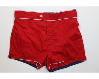60s 70s Streetwear Mens 36 Piping Trim Lined Beach Shorts Swim Trunks USA, Vintage Rockabilly Swim Shorts, 60s Beach Shorts, 70s Swim Trunks