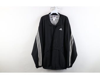 90s Adidas Mens XL Spell Out Snap Button Anorak Windbreaker Jacket Black, Vintage Adidas Windbreaker Jacket, 1990s Adidas Anorak Jacket, 90s