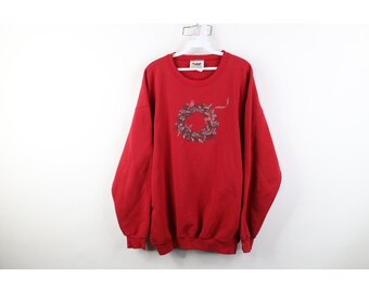 Felpa da donna anni '90 streetwear taglia XL con ghirlanda natalizia sbiadita e uccellino rosso, felpa girocollo natalizia vintage, felpa natalizia anni '90, anni '90