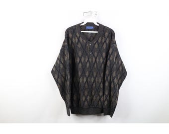 Suéter Henley de punto acanalado con rombos y estampado de rombos para hombre, estilo streetwear de los 90, suéter Henley vintage con rombos, suéter Henley de punto acanalado de los años 90.