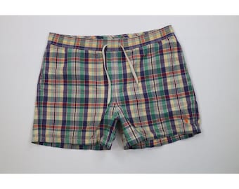 90s Y2K Ralph Lauren Mens Large Rainbow Madras Plaid Lined Shorts Swim Trunks, Vintage Ralph Lauren Plaid Shorts, Madras Plaid Swim Shorts