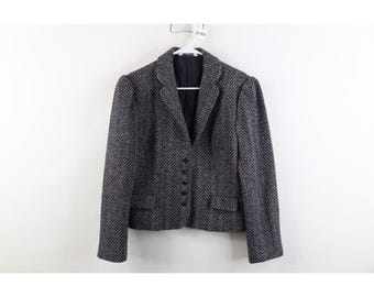 80s 90s Womens Size Medium Puff Sleeve Cropped Wool Tweed Blazer Jacket, Vintage Wool Tweed Blazer Jacket, 1990s Blazer Jacket, Suit Blazer