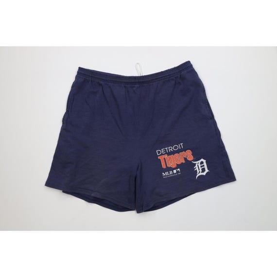 90s Mens Medium Distressed Above Knee Detroit Tigers Baseball Shorts, Vintage Detroit Tigers Baseball Shorts, 1990s Tigers Baseball Shorts