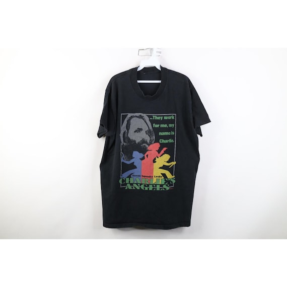 90s Mens XL Charles Manson Charlie's Angels Short Sleeve T-Shirt Black, Vintage Charles Manson T-Shirt, Vintage Manson Charlies Angels Shirt