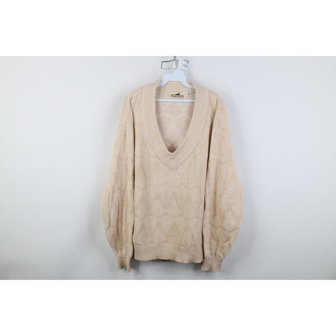Dapper Sweeter 90s Dapper Mens Medium Geometric Tree Knit V-neck Sweater Beige USA ...