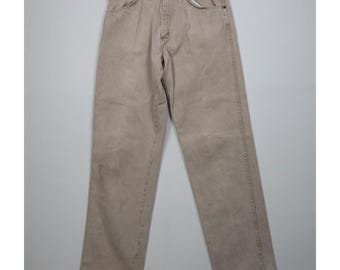 Pantalones vaqueros de mezclilla Wrangler de los 90 para hombre, talla 32x34, desgastados, corte recto, color beige, fabricados en EE. UU.; pantalones vaqueros Wrangler estilo western vintage; pantalones vaqueros Wrangler estilo vaquero.