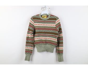70s Streetwear Womens XS Wool Knit Rainbow Fair Isle Crewneck Sweater, Vintage Fair Isle Crewneck Sweater, 1970s Knit Sweater, Vintage 70s