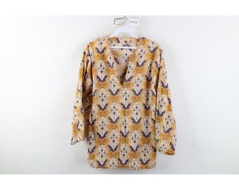 70s Mid Century Modern Womens Large Batik Fabric Geometric Tunic Shirt, Vintage Batik Tunic Shirt, Vintage MCM Tunic Shirt, 1970s Shirt, 70s