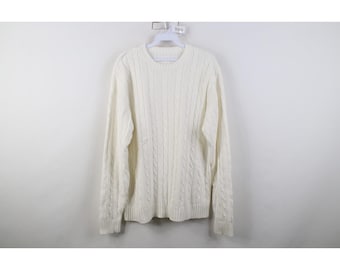 90s Streetwear Mens Medium Blank Cotton Cable Knit Crewneck Sweater White, Vintage Cable Knit Sweater, 1990s Blank Sweater, 90s Dad Sweater