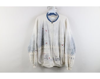 Damska bluza z nadrukiem kardigan z motywem ptaków śnieżnych w stylu lat 90., duża, świąteczna bluza kardigan w stylu vintage, kardigan z lat 90., kardigan z ptakami
