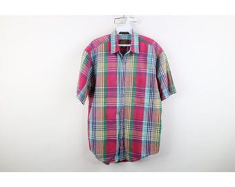 jaren 90 Eddie Bauer heren medium vervaagde madras geruite shirt met korte mouw knop, vintage Madras geruite knop shirt, jaren 90 Eddie Bauer shirt met kraag