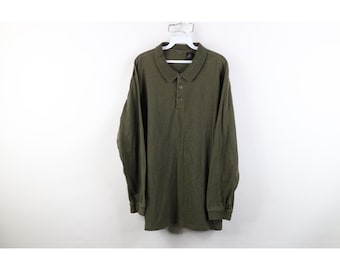 90s Y2K Streetwear Mens XL Faded Heavyweight Long Sleeve Polo Shirt Green, Vintage Heavyweight Long Sleeve Polo, 1990s Faded Polo Shirt, 90s
