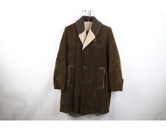 50s 60s Streetwear Mens 38 Distressed Fleece Wool Lined Corduroy Jacket USA, 1950s Corduroy Full Length Jacket, 1950s Winter Coat, 1960s