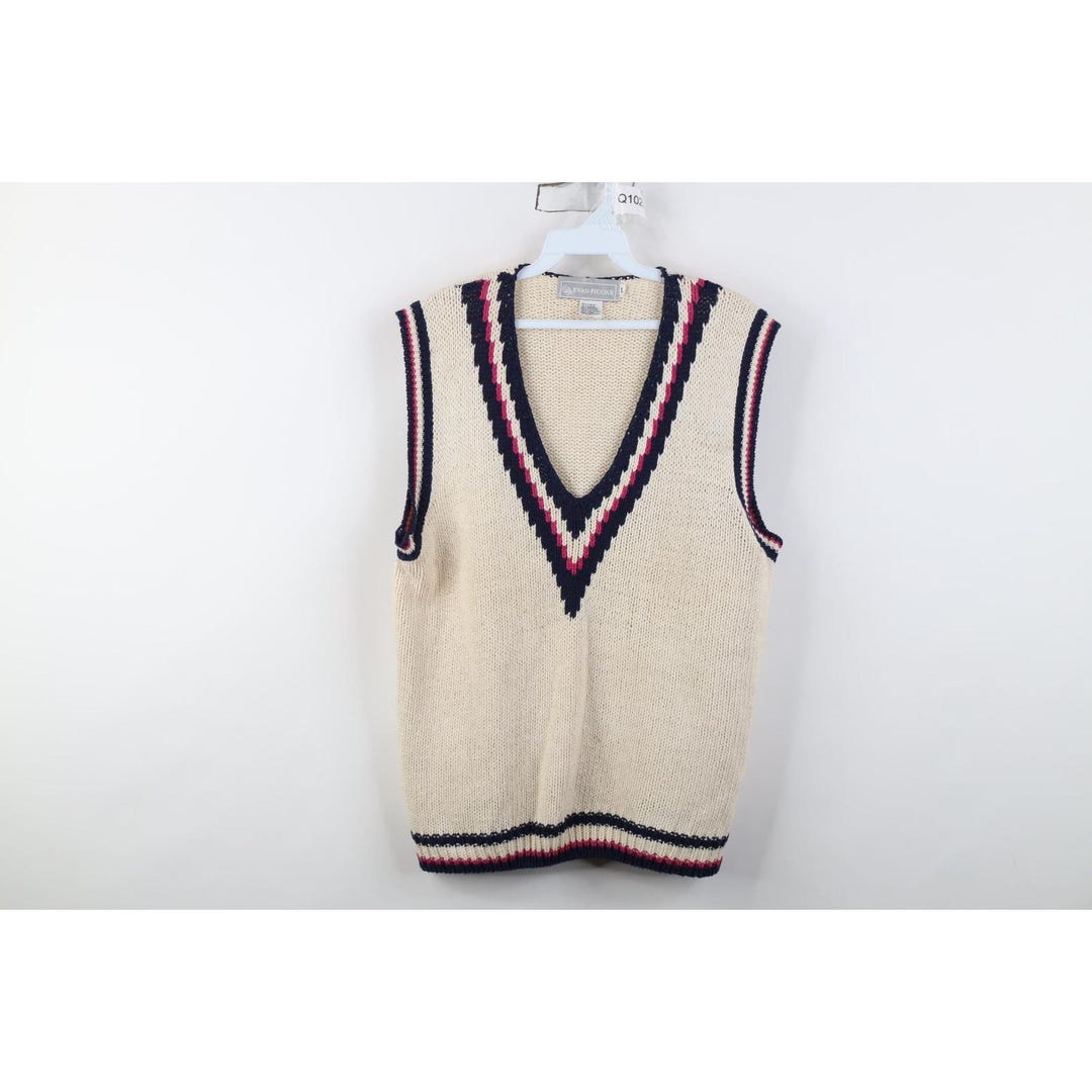 Dapper Sweeter 90s Dapper Womens Large Linen Blend Striped Knit V-neck Sweater Beige ...
