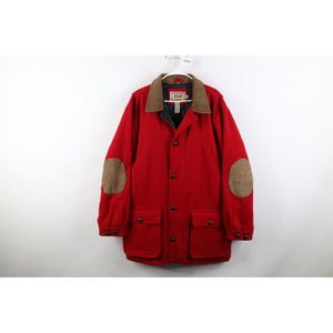 Chaqueta de trabajo Cabelas LT para hombre, acolchada, de lana y cuero, con coderas, color rojo, estilo años 90. Chaqueta vintage Cabelas, chaqueta de trabajo Cabelas de los años 90, abrigo de los años 90.