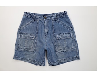 90s Y2K Streetwear Mens 34 Faded Above Knee Denim Jean Cargo Shorts Blue, Vintage Denim Cargo Shorts, 1990s Denim Jean Shorts, Vintage Jorts