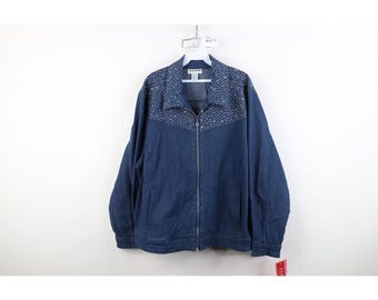 Deadstock Vintage 90s Y2K Streetwear Womens 2X Sequin Star Denim Bomber Jacket, Vintage Denim Bomber Jacket, 1990s Denim Jean Jacket, 1990s