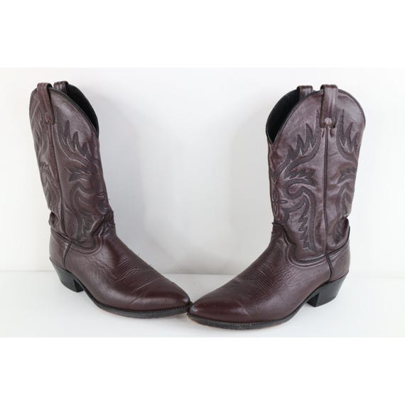 90s Streetwear Mens 9 D Tribal Western Leather Cowboy Boots Oxblood Red, Vintage Tribal Leather Cowboy Boots, Vintage Western Boots, 1990s