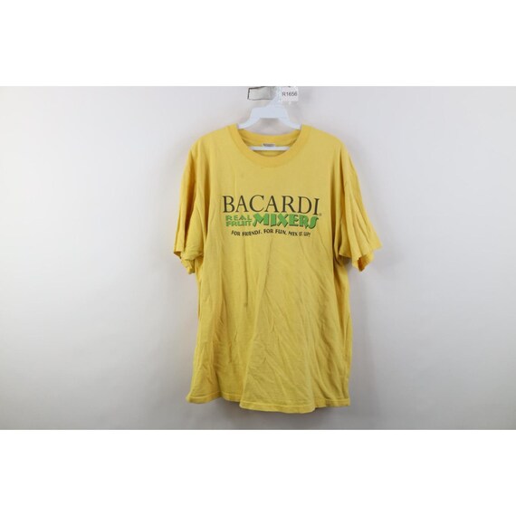 90s Y2K Mens XL Distressed Bacardi Real Fruit Mixers T-Shirt Yellow, Vintage Bacardi T-Shirt, Vintage Drinking T-Shirt, 1990s Bacardi Shirt