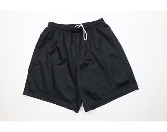 Jaren 90 streetwear heren medium blanco gaas shorts boven de knie zwart polyester, vintage blanco boven de knie shorts, jaren 1990 mesh shorts, vintage shorts