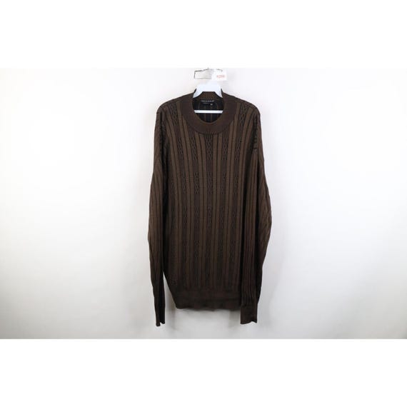 90s Streetwear Mens XL Rayon Gabardine Ribbed Cable Knit Sweater Brown, Vintage Ribbed Knit Sweater, 90s Cable Knit Sweater, Ribbed Sweater