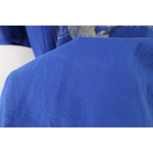 May include: Close-up of a royal blue t-shirt. The fabric is soft and slightly wrinkled, with a subtle texture. The image focuses on the shirt's material and color, highlighting its solid hue and the way the light interacts with the fabric.