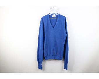 70s Streetwear Mens XL Blank Knit V-Neck Sweater Royal Blue Acrylic USA, Vintage Grandpa Sweater, 1970s Knit Sweater, Dapper Knit Sweater