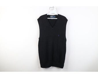 Pull gilet col V en tricot de coton délavé XL pour homme Ralph Lauren des années 90, gilet pull Ralph Lauren noir, vintage, gilet Ralph Lauren des années 1990, gilet des années 90