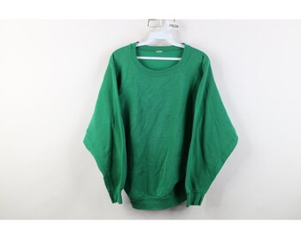 Sudadera verde desgastada con fuelle para mujer, estilo streetwear de los años 70 y 80, talla grande, fabricada en EE. UU. Sudadera de cuello redondo lisa de los años 70, sudadera vintage con fuelle