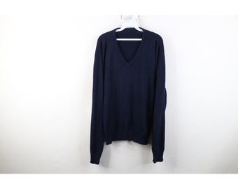 70s Streetwear Mens XL Distressed Blank Knit V-Neck Sweater Navy Blue, 1970s Blank Sweater, Vintage Knit Sweater, 1970s Grandpa Knit Sweater