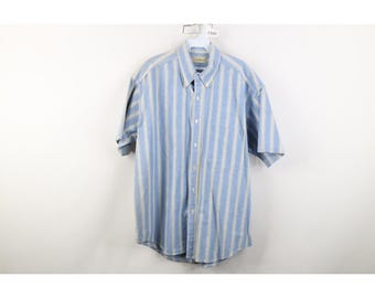 90s LL Bean Mens Large Striped Color Block Short Sleeve Button Down Shirt, Vintage LL Bean Button Down Shirt, 1990s Striped Button Shirt
