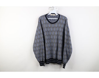 Suéter de cuello redondo de punto geométrico Ed Bassmaster para hombre, talla grande, de los 90, suéter de punto geométrico vintage, suéter geométrico de abuelo de los 90