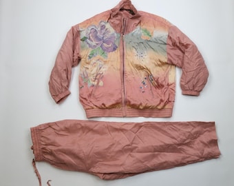 Ensemble tenue de survêtement 2 pièces grande fleur en soie Streetwear pour femmes des années 90, survêtement en soie vintage, survêtement fleur des années 90, survêtement en soie des années 90