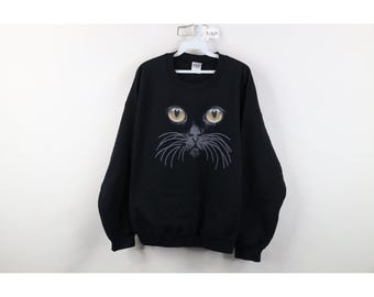 90s Y2K Streetwear Womens Large Faded Cat Kitten Face Crewneck Sweatshirt, Vintage Cat Lady Sweatshirt, 1990s Cat Crewneck Sweatshirt, Black