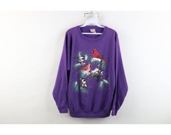 90s Streetwear Womens Large Faded Nature Birds Tree Sweatshirt Purple, Vintage Nature Sweatshirt, 1990s Birds Sweatshirt, Nature Sweatshirt