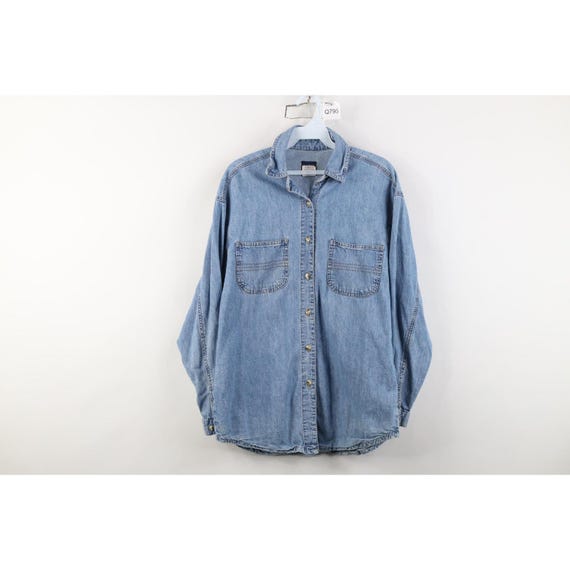 90s Streetwear Womens Small Faded Collared Denim Jean Button Shirt Blue, Vintage Denim Button Shirt, 1990s Denim Jean Shirt, 90s Jean Shirt