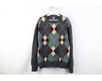 70s Streetwear Womens Large Shetland Wool Knit Argyle Diamond Sweater, Vintage Shetland Wool Knit Sweater, 1970s Argyle Golfing Knit Sweater