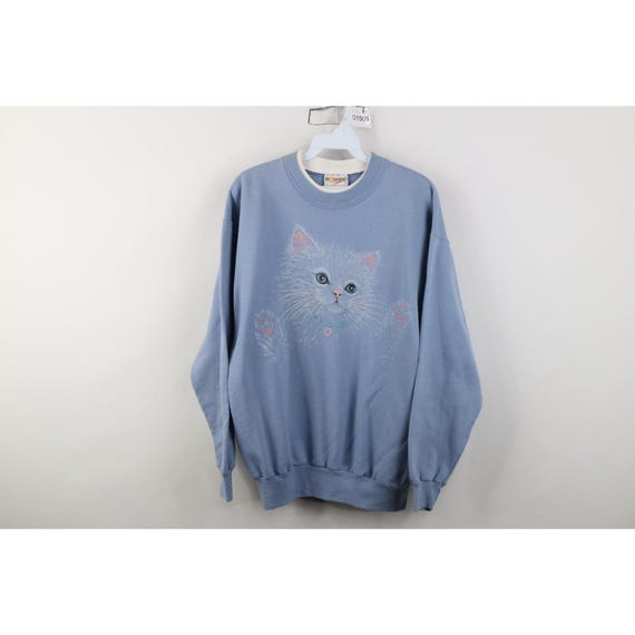 90s Streetwear Womens Medium Faded Cat Kitten Heart Sweatshirt Blue, Vintage Cat Sweatshirt, 1990s Cat Sweatshirt, Cat Lady Sweatshirt, 90s