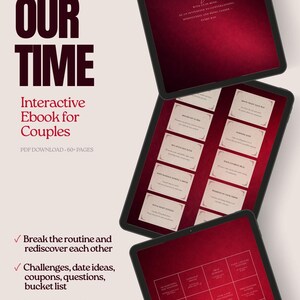 May include: Digital ebook "Our Time" for couples, shown on three tablets. The ebook includes interactive content, date ideas, and a bucket list. The cover and interior pages have a burgundy colour scheme with elegant fonts.