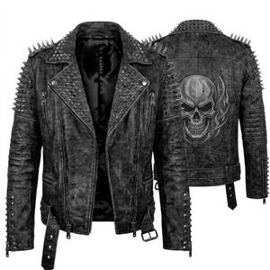 May include: A black distressed leather jacket with silver metal spikes on the shoulders and collar. The jacket features a skull graphic on the back and multiple zippers and buckles. The jacket is a classic biker style.