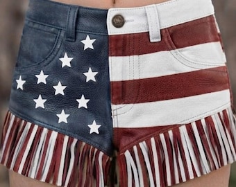 Shorts femininos de couro legítimo com a bandeira americana – Shorts patrióticos feitos à mão para festivais de motociclistas dos EUA