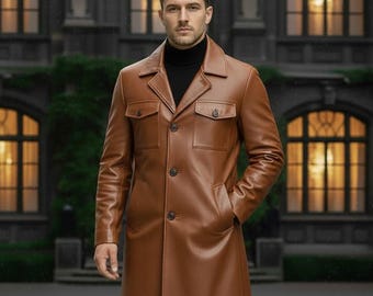Men's Classic Outerwear Real Leather Long Coat/Royal European Winter Overcoat/Casual Coat