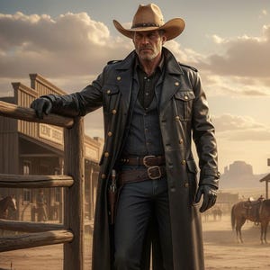 May include: A man in a cowboy hat and black leather duster coat stands by a wooden fence in a Western town. He wears a denim shirt, dark trousers, and cowboy boots. A gun is holstered on his belt. The scene is set in a desert landscape.