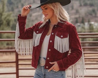 Chaqueta de cuero genuino suave con flecos, estilo vaquero occidental, hecha a mano para mujer / Prenda de abrigo estilo gótico punk rock