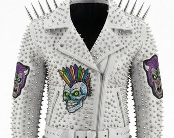 Chaqueta de motociclista de cuero con tachuelas para hombre: estilo gótico punk rock, hecha a mano.
