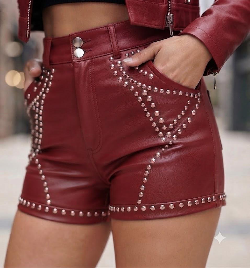 Women's Handmade Genuine Leather Studded Biker Shorts - Luxury Punk Rock Fashion