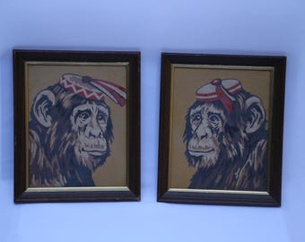 Vintage Paint-by-Number Pair | Chimpanzees in Hats | c.1950s–1960s | Framed | Set of 2