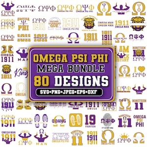 Puede incluir: Una colección de diseños de la fraternidad Omega Psi Phi en morado, dorado y blanco. La imagen presenta varios logotipos, símbolos y elementos de texto, incluyendo "Omega Psi Phi", "1911" y "Mega Bundle 80 Designs". Los diseños están disponibles en formatos SVG, PNG, JPEG, EPS y DXF.