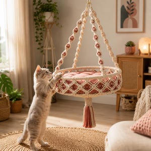 May include: A hanging macrame cat bed featuring off-white knotted cord, a circular frame, and a terracotta-colored cushion. The structure is suspended by three braided ropes and finished with a long, two-toned tassel at the bottom center.